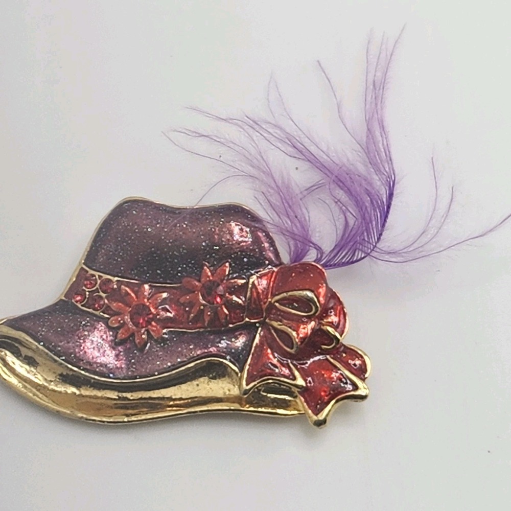 Vintage Red Hat Society Glitter Hat Brooch Pin With‎ Feather